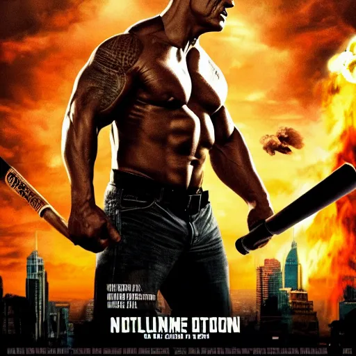 Image similar to movie poster of dwayne johnson with a baseball bat fighting godzilla outside a space station