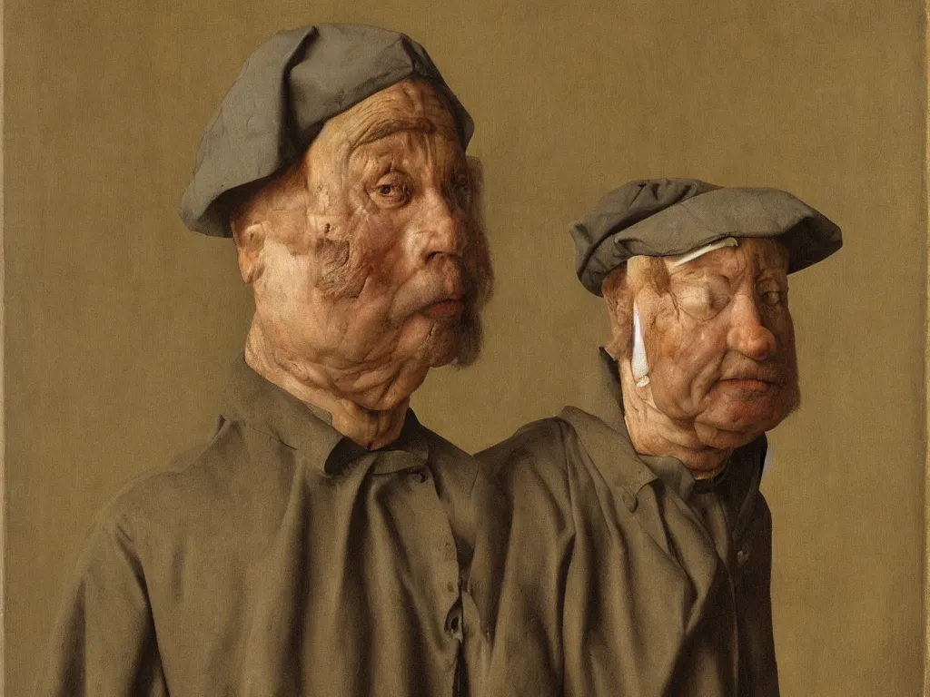 Image similar to portrait of a middle aged blind man. 21 th century clothes. Painting by Jan van Eyck, August Sander.