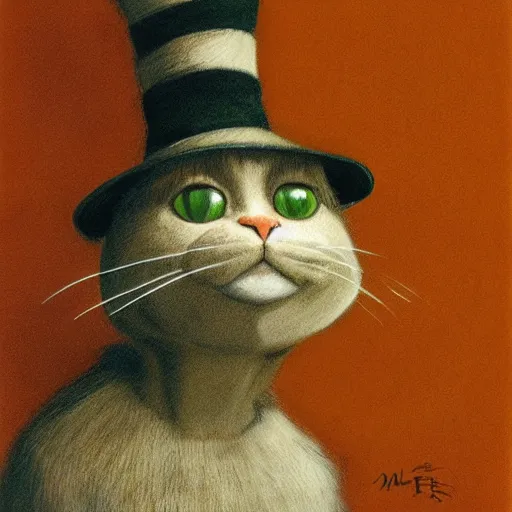 Image similar to mike myers as the cat in the hat painted by brian froud, side - lit, sepia - toned