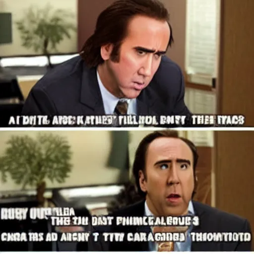 Image similar to a scene from the show the office, but played by nicolas cage only