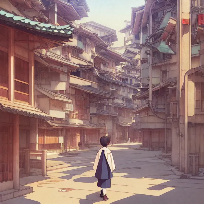 Image similar to empty japanese city, spring, in the style of studio ghibli, j. c. leyendecker, greg rutkowski, artem