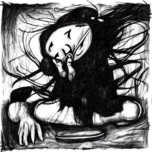 Image similar to grunge drawing of a happy sleeping giant in the style of the grudge | horror themed | loony toons style