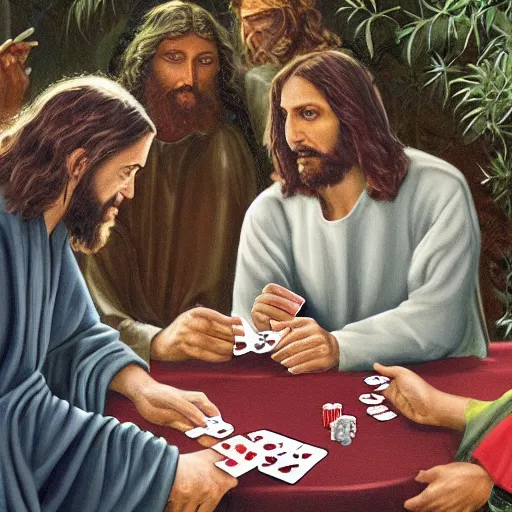 Prompt: Jesus and the Devil playing cards in a garden, photorealistic, award winning, 8k, trending on major art outlets,