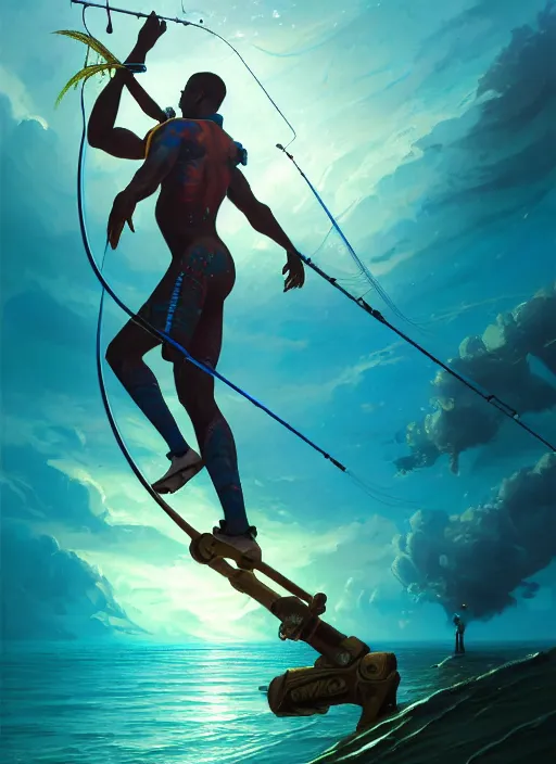 Image similar to portrait of a male jamaican fisherman sci - fi glowing fishing armor fishing rod cyberpunk muscular intricate elegant highly detailed digital painting artstation concept art, ocean background, reggae colors, cinematic, greg rutkowski, loish, rhads, ferdinand knab, makoto shinkai and lois van baarle, ilya kuvshinov, rossdraws, tom bagshaw