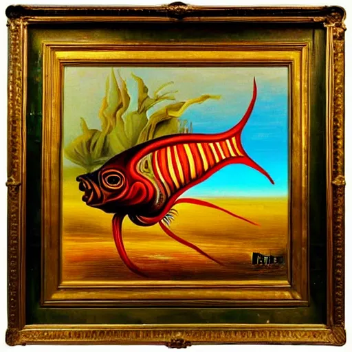 Image similar to oil painting of caramel cornstar fish by salvador dali, highly detailed, painted by someone who paints with their toes