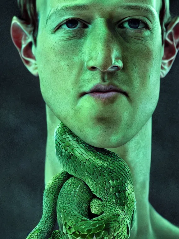 Image similar to portrait of a mark zuckerberg, skin peeling away to reveal green! scales!, forked snake tongue sticking out, art by ryo shiotani and greg rutkowski, intricate, beautiful, cinematic lighting, vintage art by serge ivanoff, high resolution, very detailed