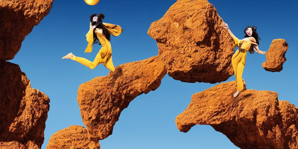 Image similar to levitating woman with full - face golden bright reflective mask in a dry rocky desert landscape, visible sky and sunny atmosphere, floating rocks, flying rocks and fata morgana and giant mirrors by alejandro jodorowsky, anamorphic lens, kodakchrome, practical effects, masterpiece, 8 k