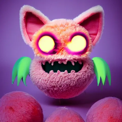 Image similar to an alien with a face that looks like a fuzzy peach the peach is fuzzy pink warm and ripe the alien has horns and a mean smile, 4k, highly detailed, high quality, amazing, high particle effects, glowing, majestic, soft lighting