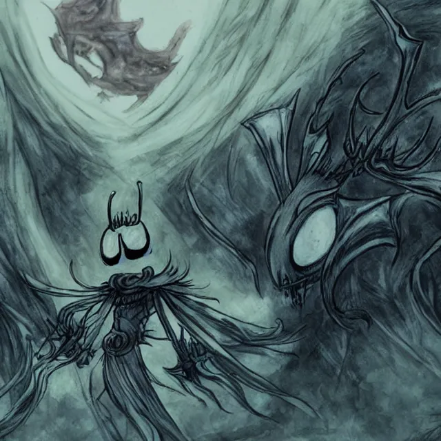 Image similar to elden ring charcter in the style of hollow knight