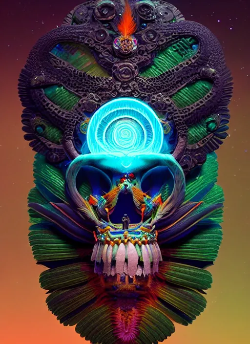 Image similar to 3 d goddess portrait, 8 k micro details global illumiantion beautiful intricate highly detailed quetzalcoatl skull and feathers. bioluminescent, fire, snow, water, wind, creature, thunderstorm! artwork by tooth wu and wlop and beeple and greg rutkowski, trending on artstation,