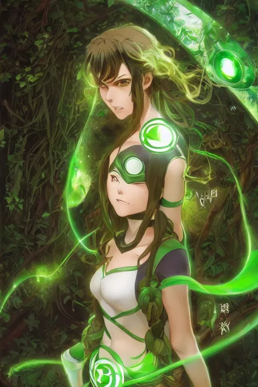 Image similar to anime key visual of a beautiful young female green lantern!! intricate, magical forest, stunning, highly detailed, digital painting, artstation, smooth, hard focus, illustration, art by artgerm and greg rutkowski and alphonse mucha