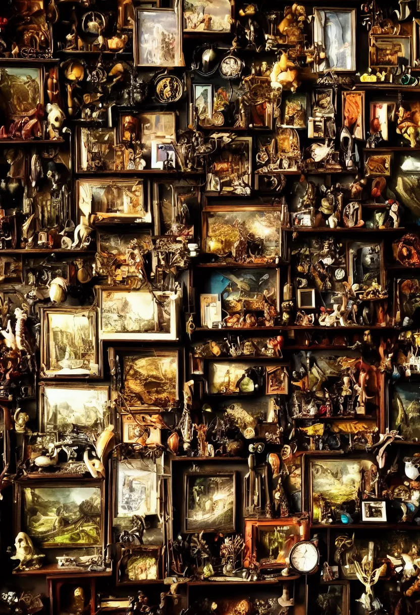 Prompt: full color desktop wunderkammer, small dark corner, archway, close up, zoomed in, taxidermy, deep shadows, dutch angle, dramatic lighting, gloomy, moody, creepy