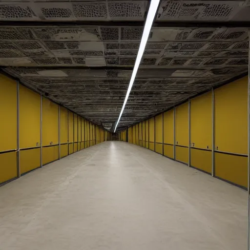 Image similar to Backrooms, where it's nothing but the stink of old moist carpet, the madness of mono-yellow, the endless background noise of fluorescent lights at maximum hum-buzz, and approximately six hundred million square miles of randomly segmented empty rooms to be trapped in