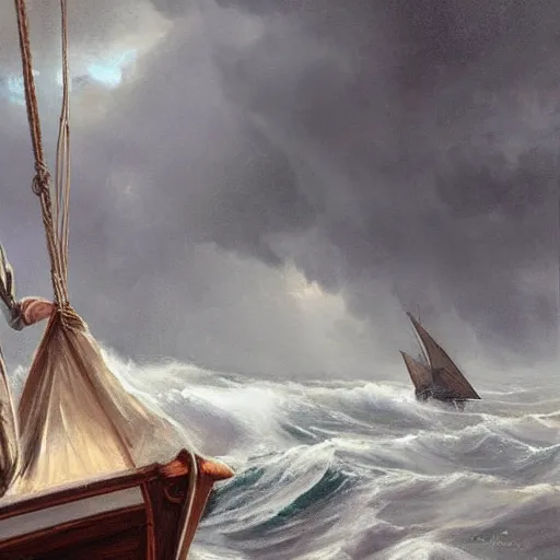 Prompt: stunning painting of a man holding the wheel on a schooner ship during a strong storm, epic concept art