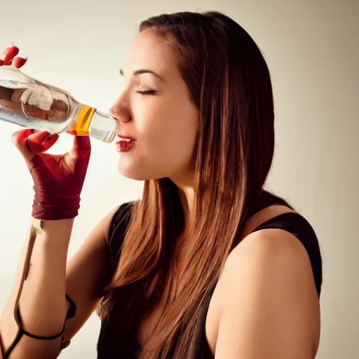 Image similar to a woman, mid-20s, drinking a bottle of coke