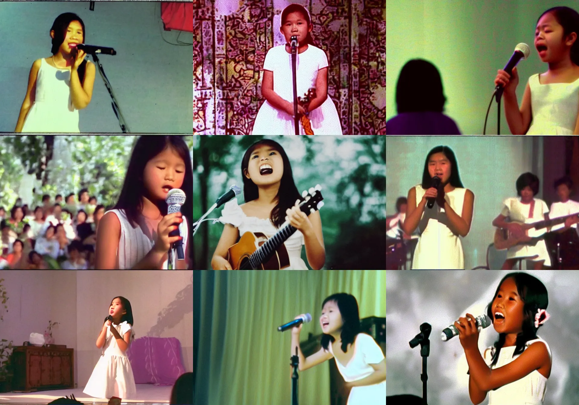 Prompt: home video footage, An Indonesian girl in white dress, singing on the small stage in her home; summer, Color VHS picture quality with mixed noise