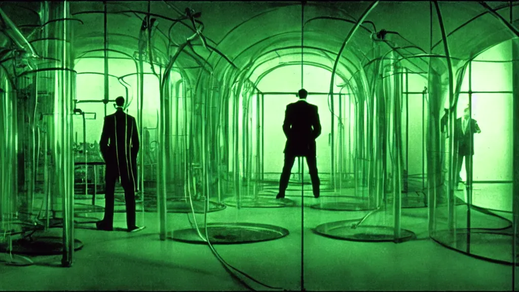 Image similar to a mad scientist in his lab, giant vats of green liquid line the walls, film still from the movie directed by david cronenberg with art direction by salvador dali and zdzisław beksinski, wide lens
