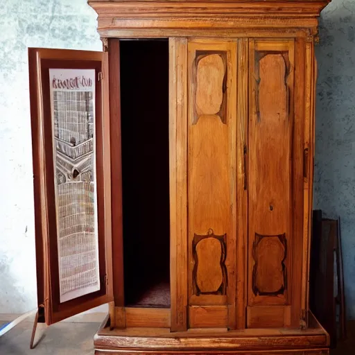 Prompt: large armoire with slightly crooked door in a room full of posters