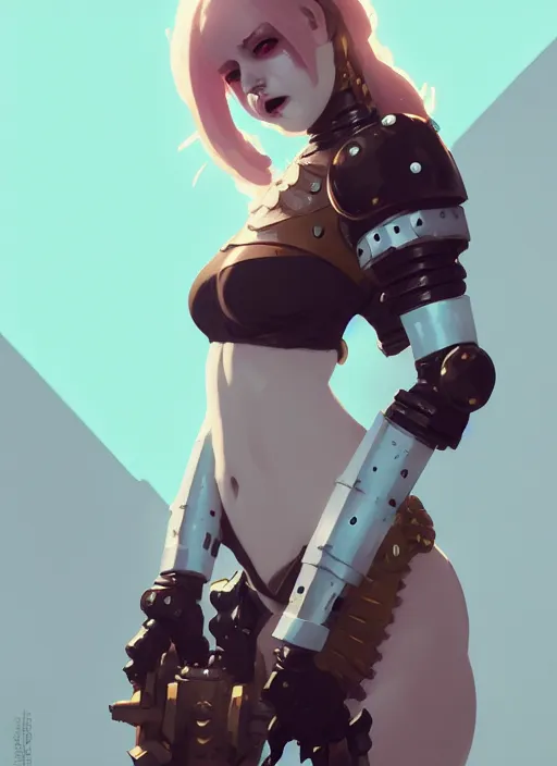 Image similar to portrait of cute goth girl in bikini cyborg armor, warhammer, by atey ghailan, by greg rutkowski, by greg tocchini, by james gilleard, by joe gb fenton, by in kaethe butcher, dynamic lighting, gradient light blue, brown, blonde cream and white color in scheme, grunge aesthetic