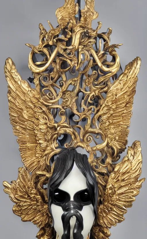 Image similar to carved black marble mechanical bust wearing hard surface armour, subtle gold accents, frontal view, ivory rococo, wings lace wear, hyper detailed, insane details, intricate