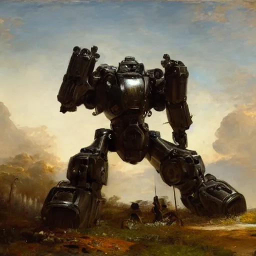 Prompt: A giant mech suit of armor swings its sword, by Emanuel Leutze