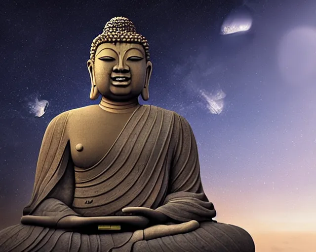 Prompt: a giant buddha in space, highly detailed, digital art, 3D, by antoni tudisco