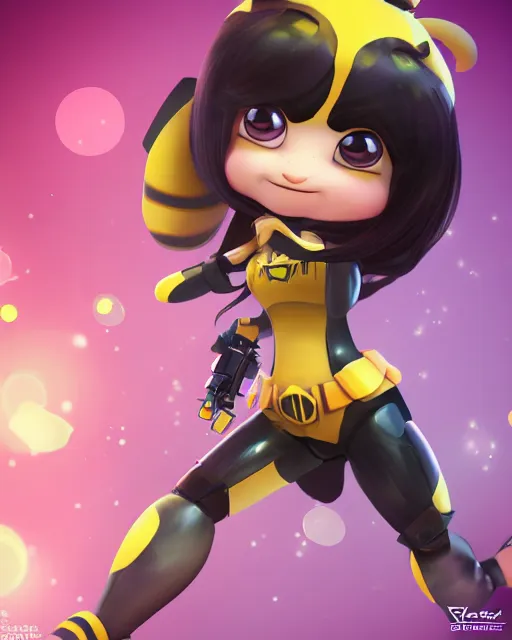 Image similar to female bumblebee mini cute style, highly detailed, rendered, ray - tracing, cgi animated, 3 d demo reel avatar, style of maple story and zootopia, maple story gun bumblebee girl, bee chibi, soft shade, soft lighting