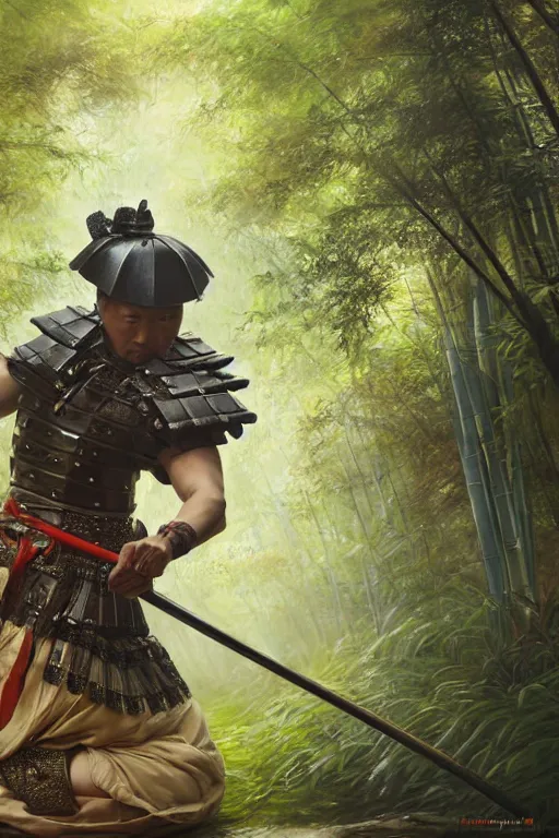 Image similar to close up of samurai general in full armor, in a bamboo forest, by vladimir volegov and alexander averin and delphin enjolras and daniel f. gerhartz, ultra realistic, concept art, intricate details, highly detailed, photorealistic, octane render, 8 k, unreal engine