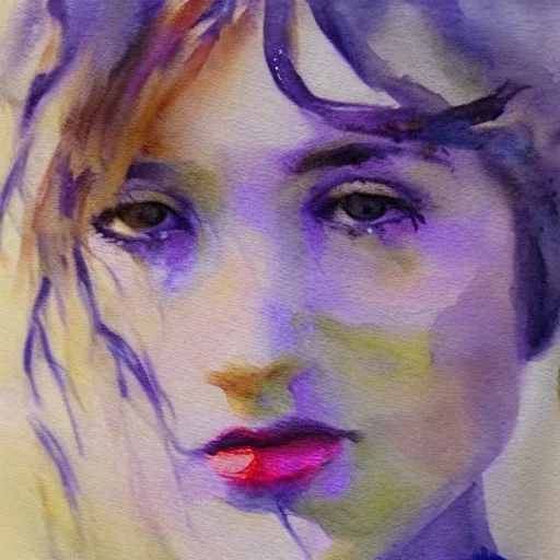 Image similar to molly sanden, watercolor, in the style of claude monet, beautiful face, award winning, hd, 4 k, purple, blue