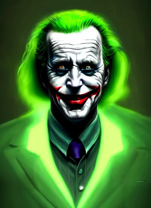 Image similar to portrait of joe biden as the joker, green hair, intricate, elegant, glowing lights, highly detailed, digital painting, artstation, concept art, sharp focus, illustration, art by wlop, mars ravelo and greg rutkowski