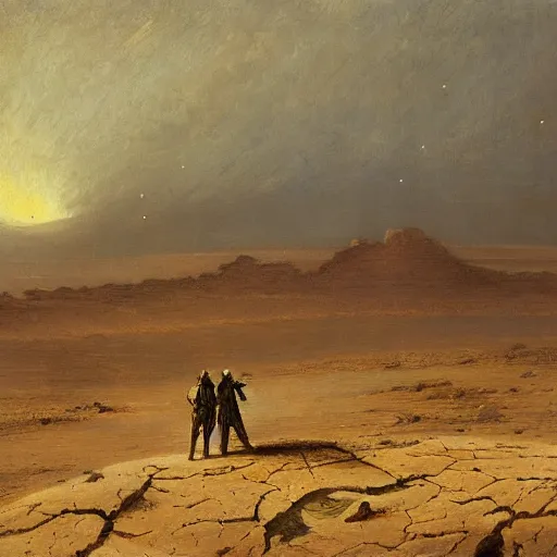 Image similar to an oil painting of a dry and cracked desert on an alien planet with a thick atmosphere and electrical storm above by carl spitzweg and greg rutkowski