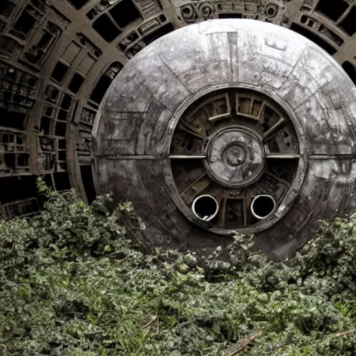 Prompt: overgrown desolate abandoned millenium falcon