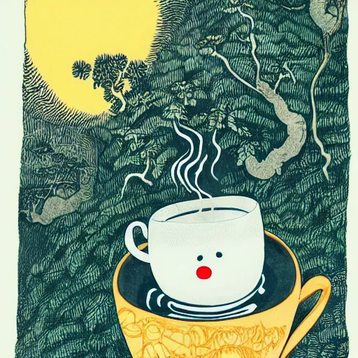 Image similar to highly detailed illustration of a monster smiling and dancing around a beautiful steaming cups of coffee, amongst coffee trees and flowers, in the style of Japanese illustration, Maurice Sendak, Tove Jansson