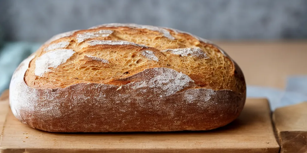 Image similar to Photograph of a delicious loaf of sourdough bread on a wooden breadboard