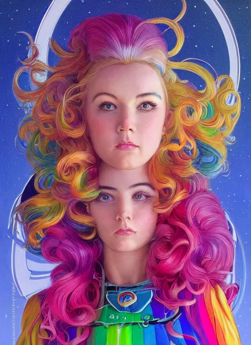 Image similar to portrait of Rainbow Brite in Society (1989), highly detailed, centered, solid color background, digital painting, artstation, concept art, smooth, sharp focus, illustration, artgerm, donato giancola, Joseph Christian Leyendecker, Les Edwards, Ed Repka, WLOP, Artgerm