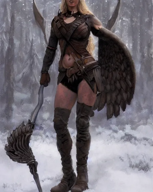 Prompt: realistic full body painting of valkyrie, winter, epic, artstation, concept art, steve huston style newell convers wyeth,