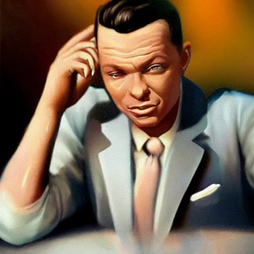 Image similar to perfect composition, cinematic atmosphere, award-winning concept art, detailed digital painting, airbrushed: young Frank Sinatra as a poor 1950s bartender. Volumetric cinematic lighting, great attention to perfect anatomy, special attention to posing, great attention to realistic facial expression, faithful cinematic color scheme, perfectly coherent. In the style of: Greg Rutkowski, Francis Bacon, Syd Mead, Norman Rockwell, Beksinski, Edward Hopper, James Gilleard, Ilya Kuyshinov, WLOP, Stanley Artgerm, Takato Yamamoto, and James Jean.