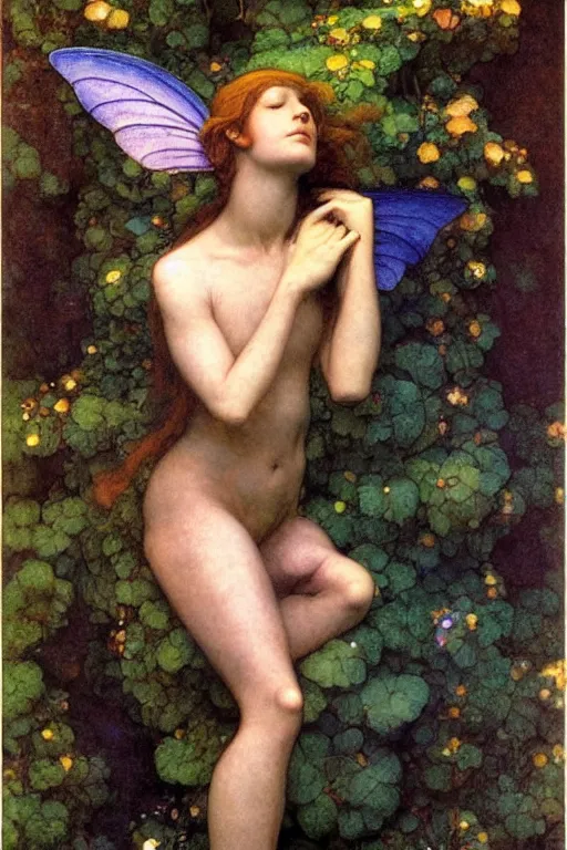 Prompt: a beautiful faerie, golden ratio, detailed, rainbowshift, by maxfield parrish, john william waterhouse, brian froud