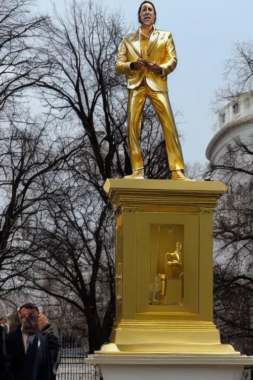 Image similar to A beautiful polished gold statue of Nicholas Cage in front of the White House, photo by Mann