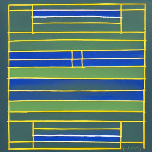 Prompt: painting, rectangle and triangle shapes, in blue, in yellow, in green, divided by black lines