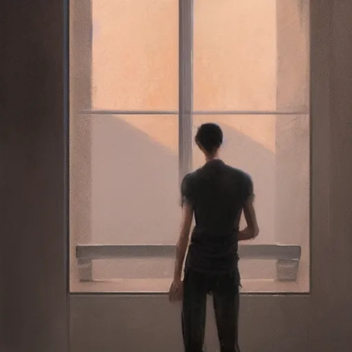 Image similar to concept art by greg rutkowski, very tall and thin young man, standing drinking a coffee looking out a window in a minimalist, hi - tech, brutalist office, reddish exterior lighting, scifi, highly detailed portrait, digital painting, artstation, concept art, smooth, sharp foccus ilustration, artstation hq