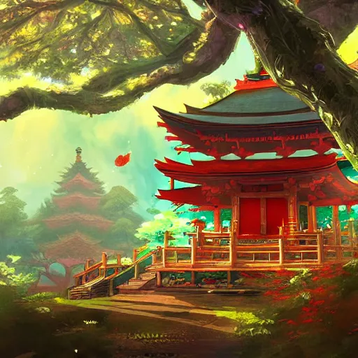 Image similar to a beautiful painting of detailed japanese treehouse shrine, breath of the wild, hyrule, inspired by cyril rolando, david wiesner, ornate, intricate, emitting light ornaments, volumetric lighting, cgsociety, alizarin red, brick red
