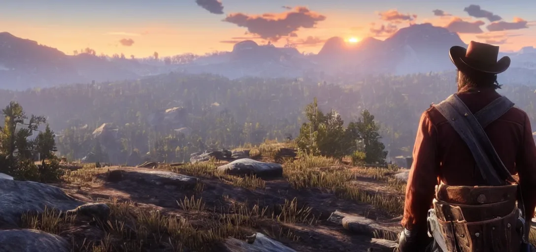 Prompt: Arthur Morgan from Red Dead Redemption 2 sitting at the top of a rocky mountain looking at a beautiful sunrise in the distance