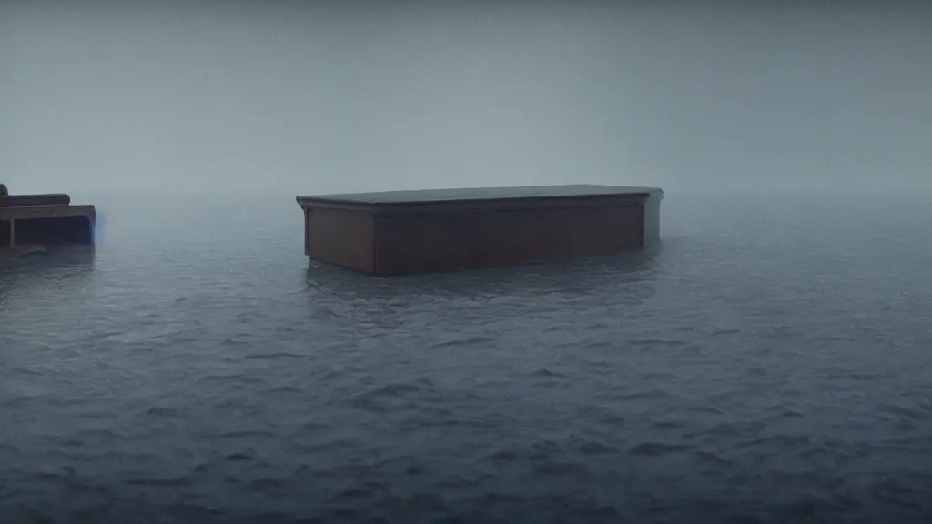 Image similar to the giant piano, made of water, film still from the movie directed by Denis Villeneuve with art direction by Zdzisław Beksiński, wide lens