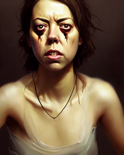 Prompt: medium - shot oil portrait of a zombie played by aubrey plaza, artstation, highly detailed digital painting, smooth, global illumination, fantasy art by greg rutkowsky, karl spitzweg, leyendecker