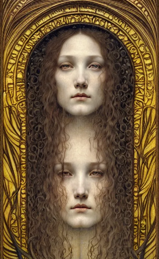 Image similar to detailed realistic beautiful young medieval queen face portrait by jean delville, gustave dore and marco mazzoni, art nouveau, symbolist, visionary, gothic, pre - raphaelite. horizontal symmetry