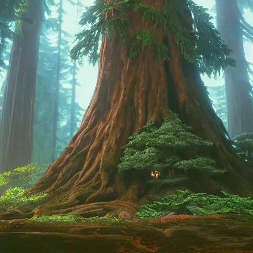 Image similar to Huge redwood tree by Miyazaki Nausicaa Ghibli, breath of the wild style, epic composition Trending on Artstation, octane render, Insanely Detailed, 8k, HD