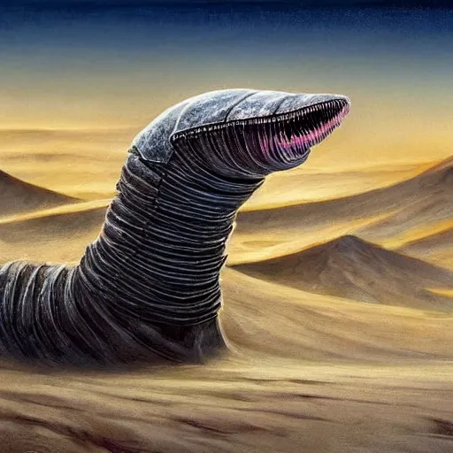 Image similar to joe biden as a sandworm from dune, artstation hall of fame gallery, editors choice, #1 digital painting of all time, most beautiful image ever created, emotionally evocative, greatest art ever made, lifetime achievement magnum opus masterpiece, the most amazing breathtaking image with the deepest message ever painted, a thing of beauty beyond imagination or words, 4k, highly detailed, cinematic lighting