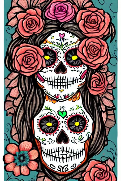 Prompt: illustration of a sugar skull day of the dead girl, art by paul booth