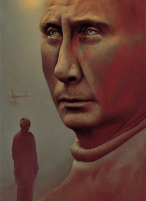 Image similar to Painting in a style of Beksinski featuring Vladimir Putin